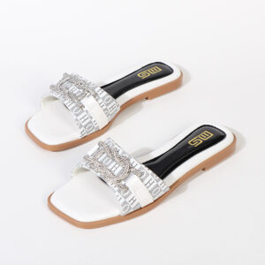 All Match Trendy Rhinestone Flat Slider - White