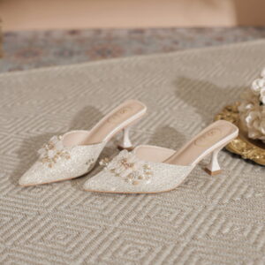 Crystal Floral Bloom Pointed Stiletto Heel - Beige