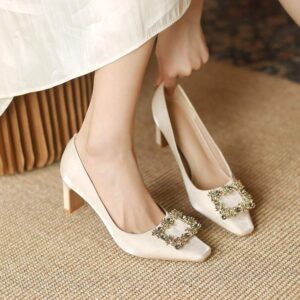 French Style Comfort Fancy Heel Pump Shoe - Beige