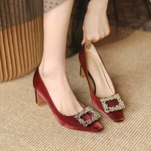 French Style Comfort Fancy Heel Pump Shoe - Maroon