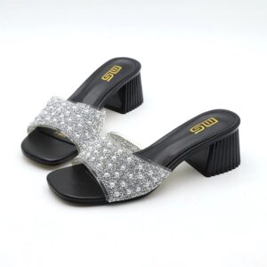 Luxury Stone Embellished Block Heel - Black