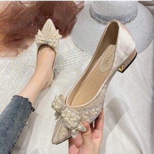 Pearl Stone Embellished Pointed Pump Shoe - Beige