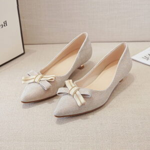 Pointed Toe Charming Bow Pump Shoe - Beige
