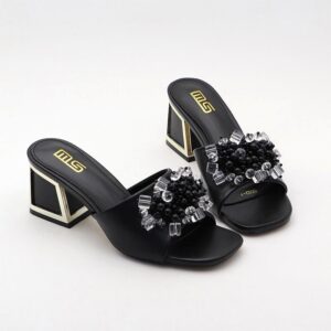 Shiny Bead-Work Party Block Heel - Black