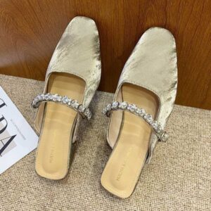 Stone Embellished Cozy Stylish Mule Shoe - Khaki