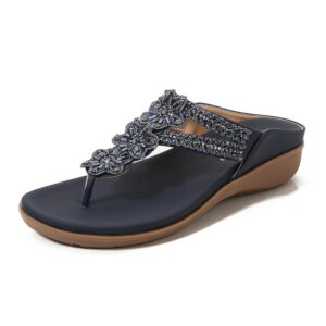 Versatile Floral Beaded Soft Flat Sandal - Navy Blue