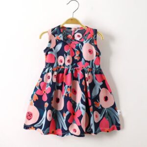 Girls Sleeveless Printed Summer Casual Frock - Dark Blue