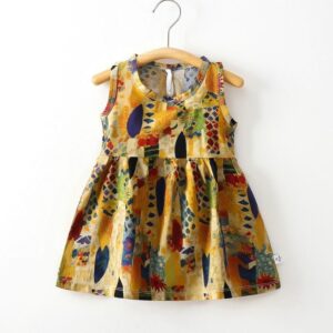 Girls Sleeveless Printed Summer Casual Frock - Ginger Yellow