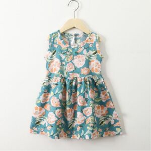 Girls Sleeveless Printed Summer Casual Frock - Teal