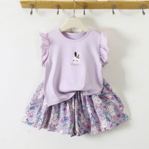 Girls Soft Summer Floral Pant Top Set - Purple