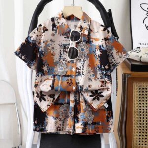Kids Summer Trendy Printed Shirt Pant Set - Beige