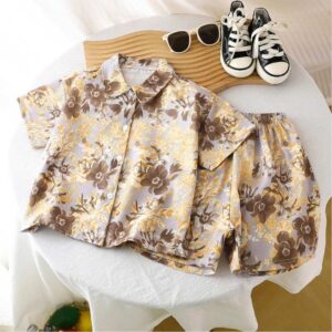 Kids Summer Trendy Printed Shirt Pant Set - Golden Gray