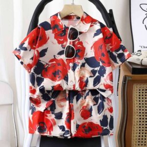 Kids Summer Trendy Printed Shirt Pant Set - Red