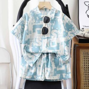 Kids Summer Trendy Printed Shirt Pant Set - White Blue