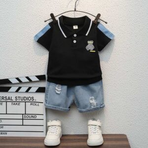 Kids Trendy Soft Cotton Polo Shirt Pant Set - Black
