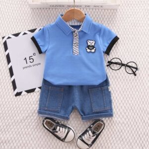 Kids Trendy Soft Cotton Polo Shirt Pant Set - Blue