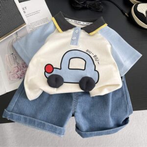 Kids Trendy Soft Cotton Polo Shirt Pant Set - Blue White