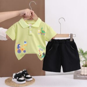 Kids Trendy Soft Cotton Polo Shirt Pant Set - Lime Green