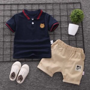 Kids Trendy Soft Cotton Polo Shirt Pant Set - Navy Blue