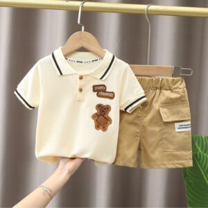 Kids Trendy Soft Cotton Polo Shirt Pant Set - Off White