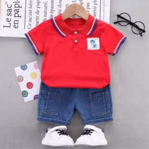 Kids Trendy Soft Cotton Polo Shirt Pant Set - Red