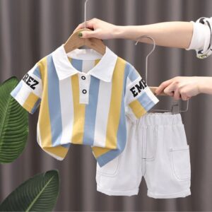 Kids Trendy Soft Cotton Polo Shirt Pant Set - White Stripe