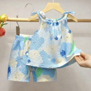 Korean Style Girls Soft Summer Tank Top Pant Set - Blue