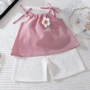 Korean Style Girls Soft Summer Tank Top Pant Set - Pink