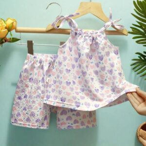Korean Style Girls Soft Summer Tank Top Pant Set - Purple