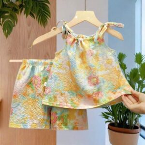 Korean Style Girls Soft Summer Tank Top Pant Set - Sunset
