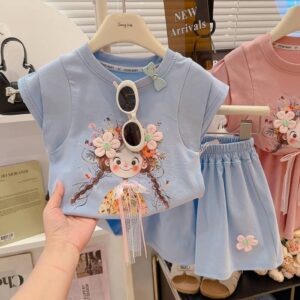 Korean Trend Soft Girls Cotton Shorts Top Set - Blue