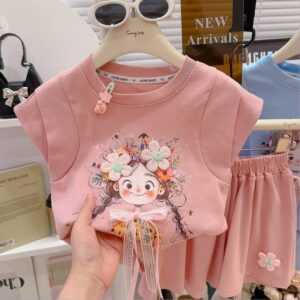 Korean Trend Soft Girls Cotton Shorts Top Set - Pink