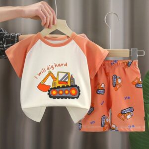 Spring Trend Kids Soft Cotton T-Shirt Pant Set - Orange White