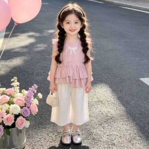 Summer Charm Girl Kids Ruffled Pant Top Set - Pink
