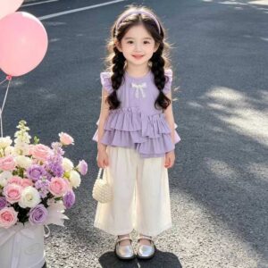 Summer Charm Girl Kids Ruffled Pant Top Set - Purple