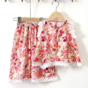 Summer Style Girls Floral Printed Pant Top Set - Coral Pink