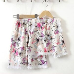 Summer Style Girls Floral Printed Pant Top Set - Ivory Mist