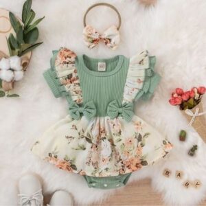 Summer Time Floral Baby Girls Romper Dress - Green