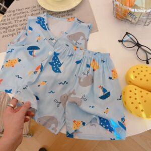Summer Trend Kids Thin Sleeveless Shirt Pant Set - Blue