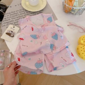 Summer Trend Kids Thin Sleeveless Shirt Pant Set - Pink