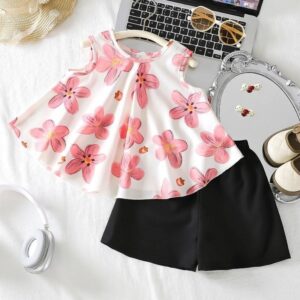 Summer Trend Soft Girls Floral Tank Top Pant Set - Pink