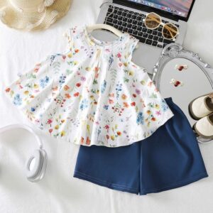 Summer Trend Soft Girls Floral Tank Top Pant Set - White
