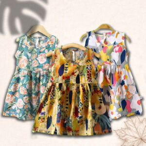 Girls Sleeveless Printed Summer Casual Frock - Mix Color (3 Piece)