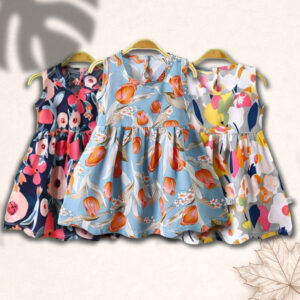 Girls Sleeveless Printed Summer Casual Frock - Mixed Color (3 Piece)